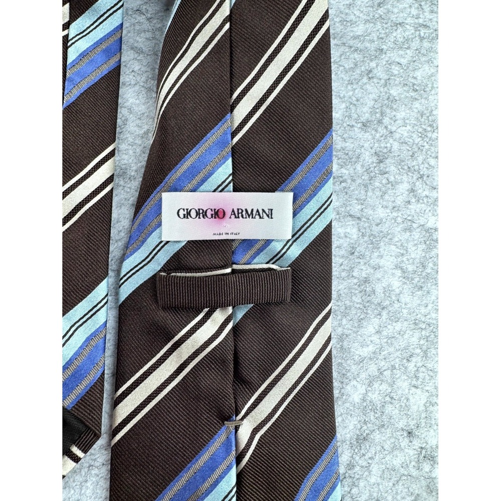 Giorgio Armani Tie Men's Brown Blue Striped Classic Outdoor 100% Silk Necktie - Picture 3 of 5